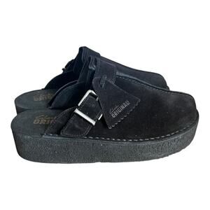 Clarks Originals Trek Wedge Platform Black Suede Slip On Mules Shoes Size 7.5